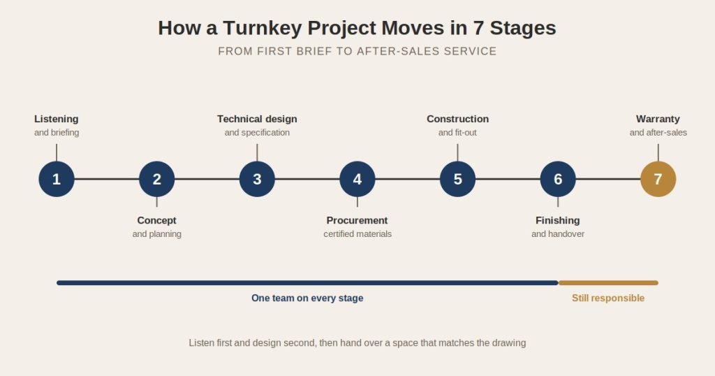 Seven stage turnkey interior design process from briefing to after-sales service