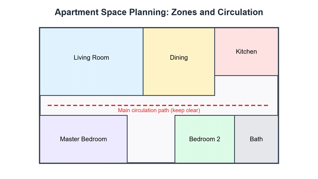Apartment floor plan showing room zones and a clear main circulation path