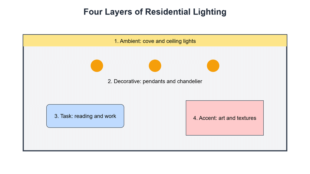 Diagram of ambient, decorative, task and accent lighting in a home
