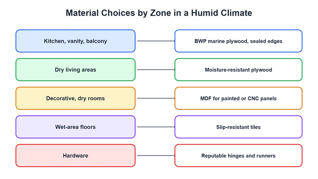Recommended materials for kitchens, dry rooms, floors and hardware in humid conditions