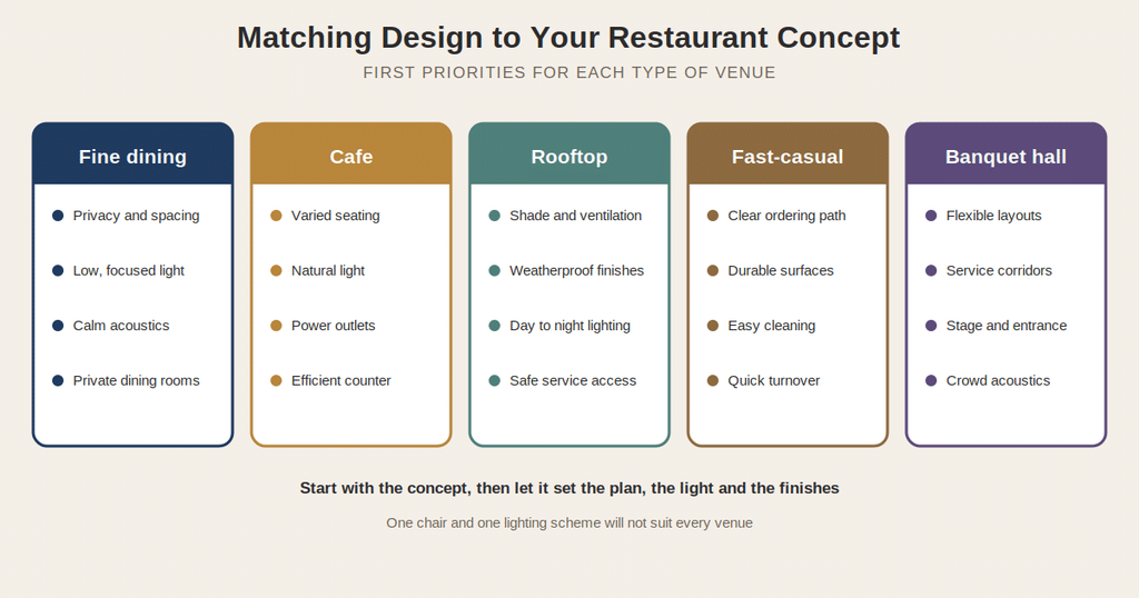 Priorities for restaurant interior design in Bangladesh by venue type: fine dining, cafe, rooftop, fast-casual and banquet hall